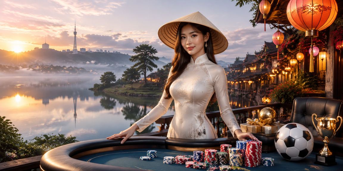 Người dùng Hội An theo dõi cược bóng đá trên điện thoại với nón lá truyền thống